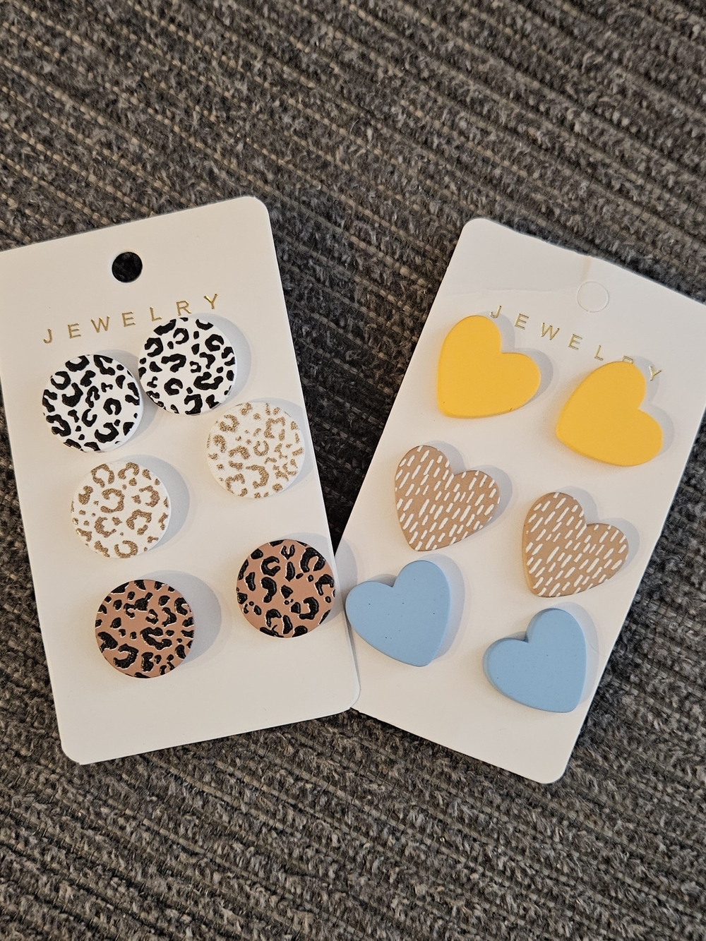 Heart & Leopard Stud Earring Set - Yellow, Blue, Tan, White, Black